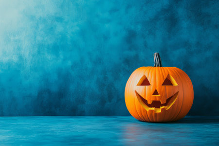 Vibrant halloween party background featuring a jack o lantern with blue backdrop and copy spaceの写真素材