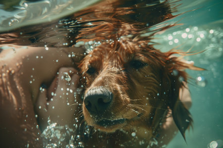 Playful dog joyfully diving underwater with its owner, having a blast in the summer sunの写真素材