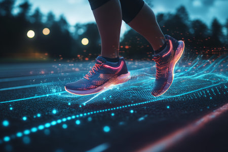 Close up of running shoes on track with holographic digital waves showcasing sports technology