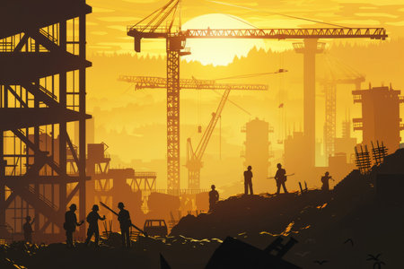 Construction team silhouetted setting up on large site with cranesの写真素材