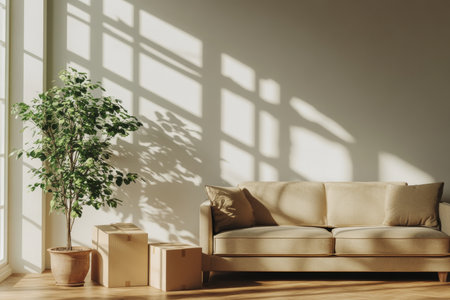 Moving day capturing the essence of a new home with boxes, couch, and lush green plantの写真素材