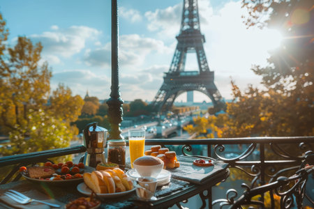 Morning sunlit French breakfast with eiffel tower view cozy romantic scene in Parisの写真素材