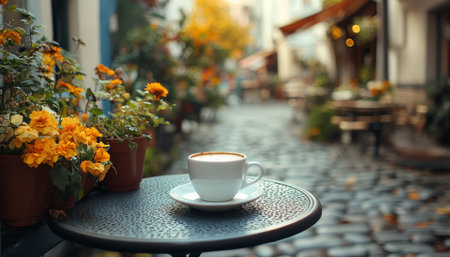 Morning coffee enjoyed on a table amidst vibrant flowers in the narrow streets of an old cityの写真素材