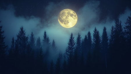 Captivating nighttime forest under a bright full moon illuminating the dark surroundingsの写真素材