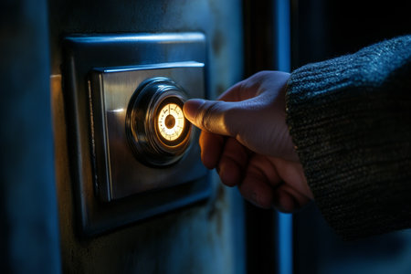 A hand opening a combination lock on a safe, illuminated against a dark backgroundの写真素材