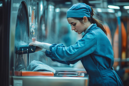 Dedicated female worker in blue uniform using electric steam press at workplaceの写真素材