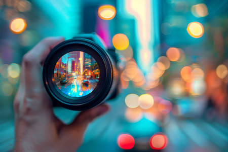 Vibrant cityscape through camera lens, bokeh effect, distant skyscrapers, traffic light reflections
