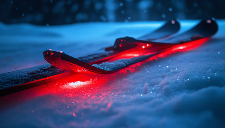 Futuristic ski design featuring striking red lights on a pristine snowy landscape at duskの写真素材