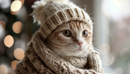 Charming cat in knitted hat and cozy sweater, high quality image capturing adorable attireの写真素材