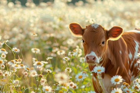 Young calf grazing in sunny daisy field, harmonious farm scene with space for textの写真素材