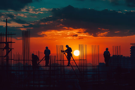 Silhouetted builders and engineers collaborate on a construction site at sunrise