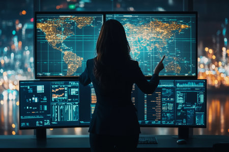 Female business professional analyzing global financial data with ai technology in modern officeの写真素材