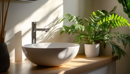 Serene minimalist bathroom featuring sunlight, white basin, and lush potted plants for tranquilityの写真素材