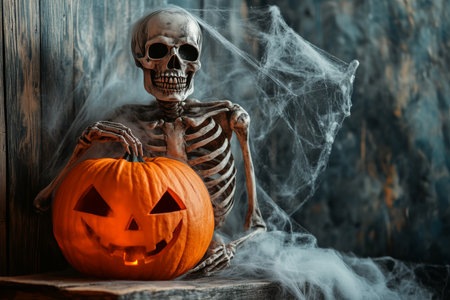 Misty halloween scene featuring a skeleton with pumpkin head, spider webs, and wooden wall backdropの写真素材