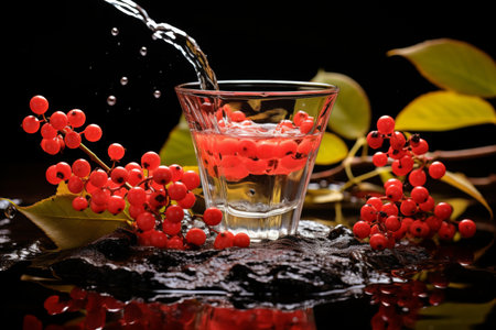 Freshly picked wild berries gently cascading into a glass bowl filled with sparkling waterの写真素材