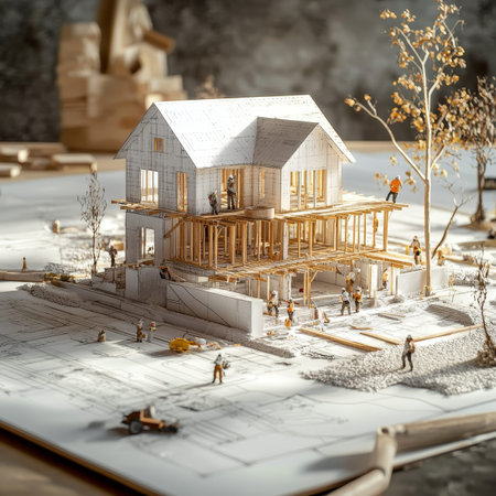 House construction blueprint workers and materials showcase architectural design and planning