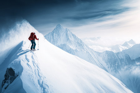 Ski mountaineer conquering a challenging winter summit with space for text overlay in backgroundの写真素材