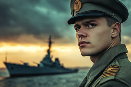 A soldier gazes towards the horizon with determination, awaiting his wife near a warshipの写真素材