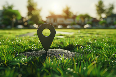 3d location pin on green land plot for estate investment and construction project ground sectionの写真素材