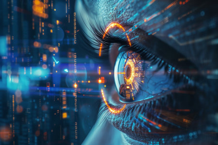 Futuristic cybernetic vision hacker and ai robot eye displayed in advanced tech environmentの写真素材