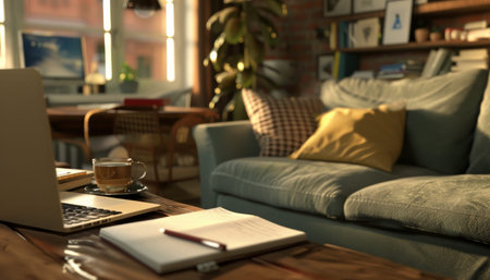 Cozy home office setup with laptop, documents, coffee, and decor for productive work at homeの写真素材