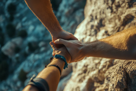 Close up image of adventurers helping each other as they climb a challenging mountain togetherの写真素材
