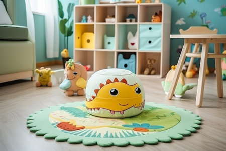 Bright and colorful kids room with modern toys, bathed in sunlight for play and learningの写真素材