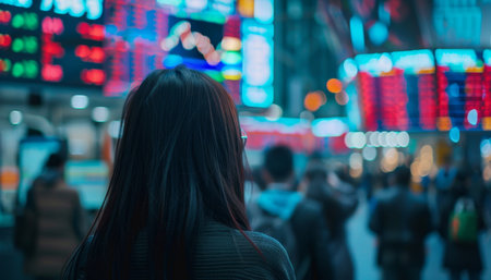 Woman monitoring stock prices on digital display amidst busy stock exchange floorの写真素材