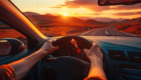Driver s hands on steering wheel, enjoying a summer road trip during vacation at sunset