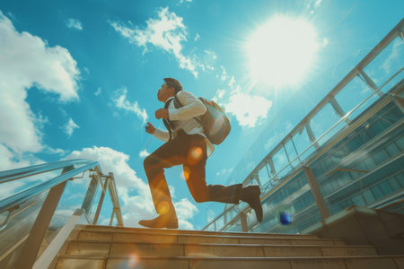 Businessman racing up stairs, symbolizing growth and success in business, cityscape backgroundの写真素材