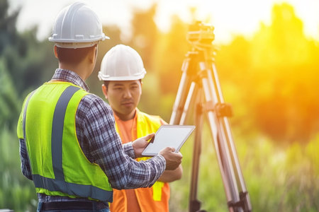 Structural engineer and foreman collaborate on outdoor building construction plans with touch pad