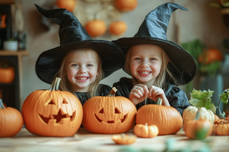 Joyful children in witch costumes celebrate halloween surrounded by pumpkin decorations indoorsの写真素材