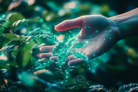 A hand interacts with plants, illustrating the synergy of technology and nature for sustainability.の写真素材
