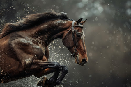 Equestrian horse jump display close up of muscular equine demonstrating olympic athleticismの写真素材