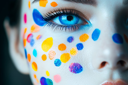 Abstract portrait of a woman featuring vibrant colorful spots and artistic expressionの写真素材