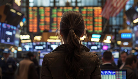 Woman monitoring stock prices on digital display in busy stock exchange full of tradersの写真素材