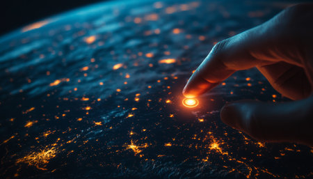 A finger pressing the power button on earth, symbolizing energy conservation at nightの写真素材