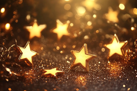 Enchanting christmas background with golden stars and lights for festive celebrationsの写真素材