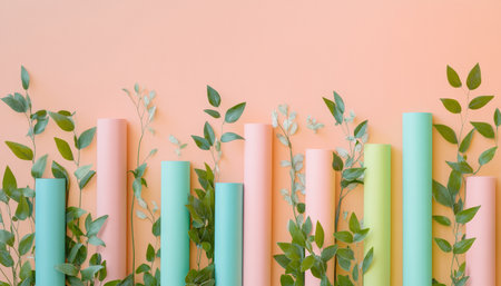 Stylish growth chart with pastel tubes and greenery symbolizing sustainability and progressの写真素材