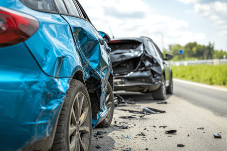 Close up of a blue car and black suv after a traffic accident on a summer day with visible damageの写真素材