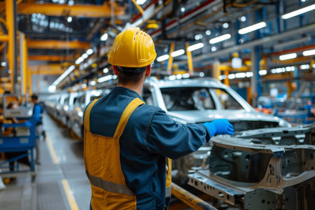 Automotive factory engineer supervising car assembly line for efficient production process