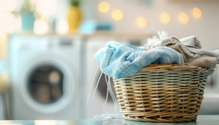 Laundry basket and washer with space for text on blurred background, ideal for adding messagesの写真素材