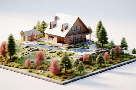 Detailed 3d small house model on architectural floor plan, real estate concept illustration