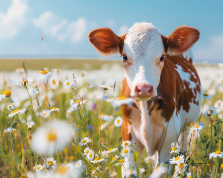 Young calf grazing in sunny daisy field on a summer day farm animal harmony with text spaceの写真素材