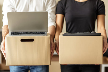 Two individuals holding cardboard boxes of computer gear in a professional office settingの写真素材