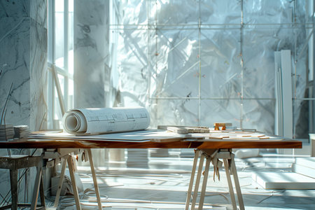 Architectural project concept architect s desk in construction site or office with mining lamp