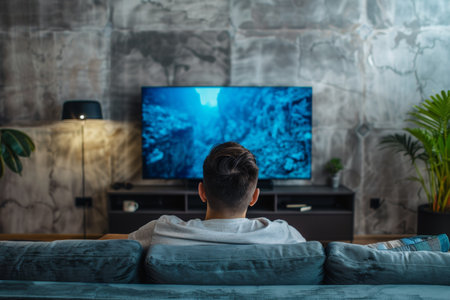 Man lounging on couch watching big screen tv in living room with empty space for textの写真素材