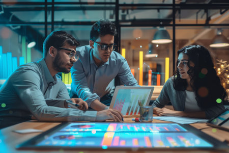 Team collaboration on financial data analysis and marketing growth strategies with ai assistanceの写真素材