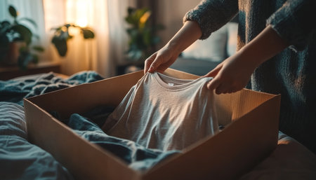 Close up of young woman donating clothes t shirt placed in cardboard box in modern bedroomの写真素材