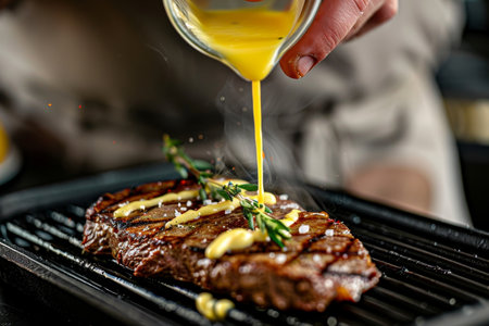 Chef grilling steak in rich butter lemon or spicy cajun sauce with herbs and garnishの写真素材
